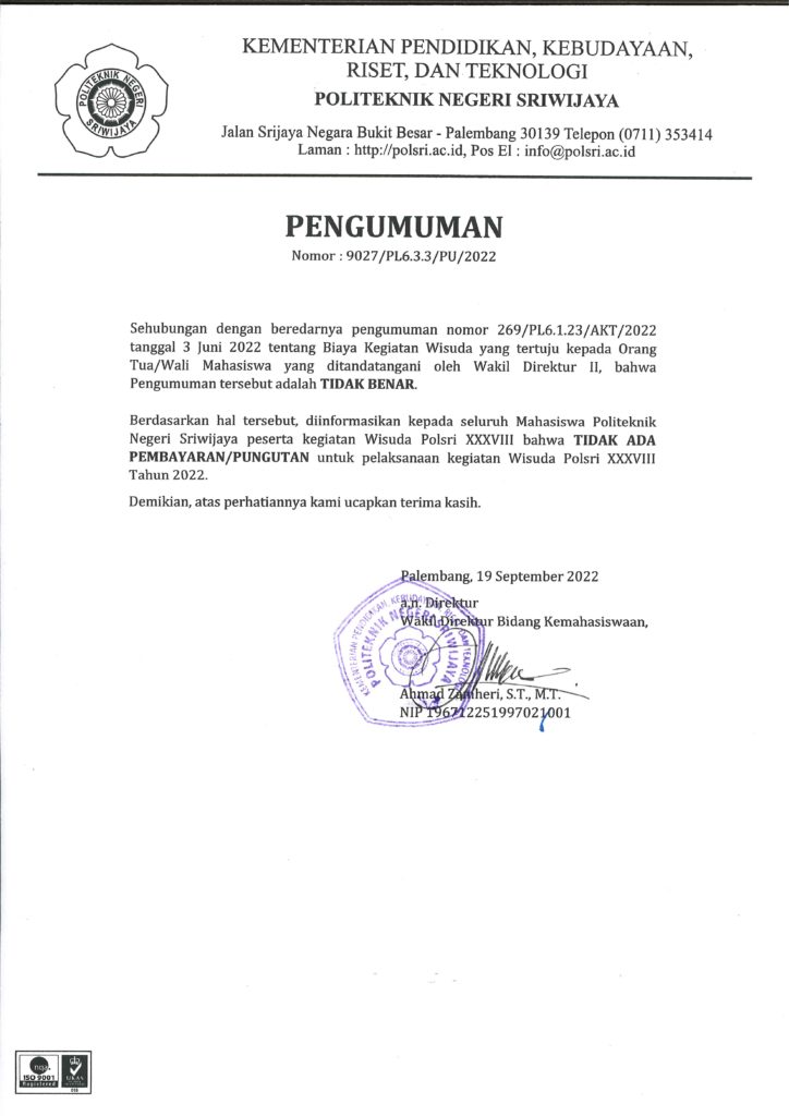 Surat Edaran Polsri Politeknik Negeri Sriwijaya